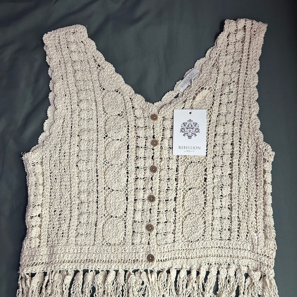NWT Rebellion Crochet Fringe Top
